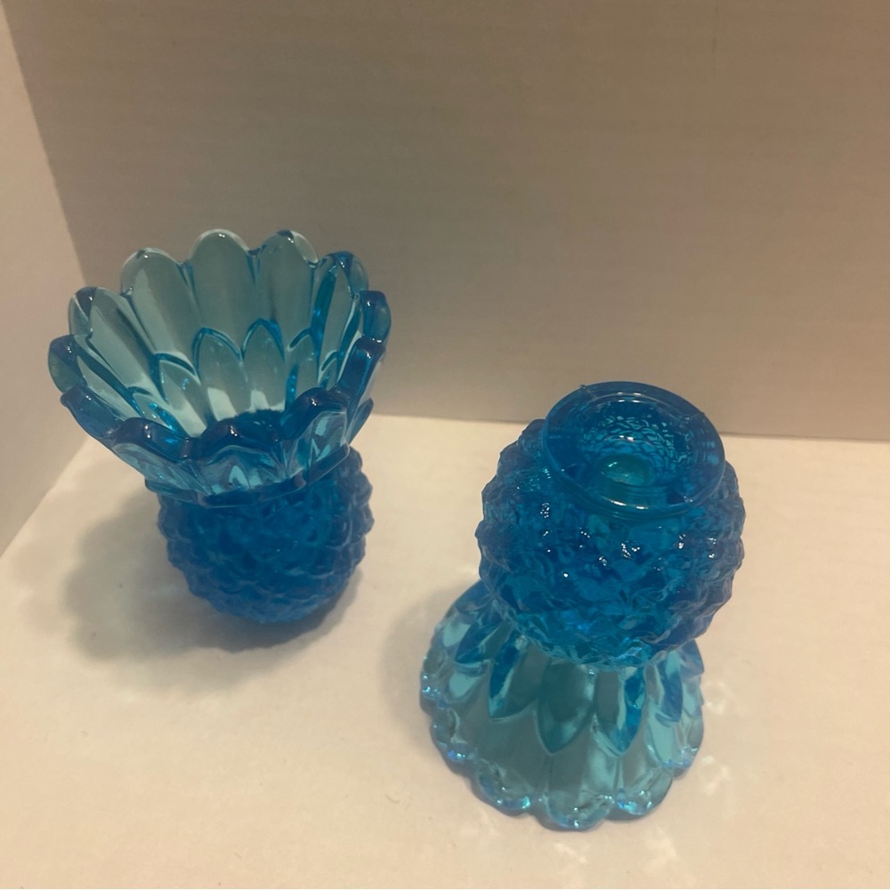 Vintage Aqua Blue Indiana Glass Pineapple candle stick holders - Picture 5 of 7
